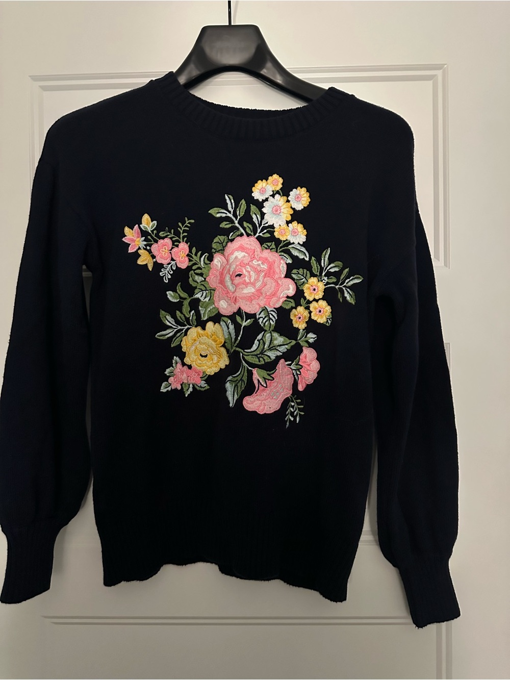 LOFT Navy Crewneck Sweater with Pink and Yellow Floral Embroidery